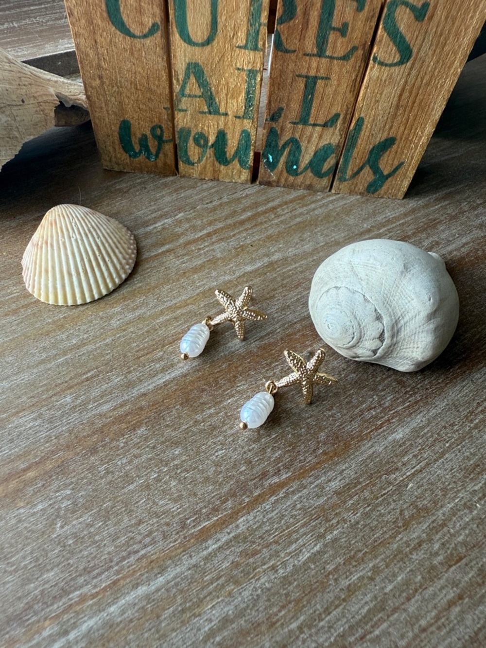 Gold Starfish Pearl Drop Earrings - Picture 8 of 11
